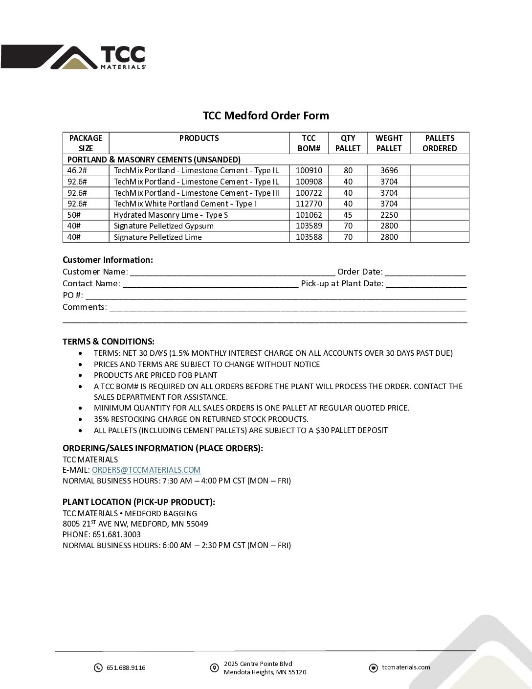 Medford Order Form – Cement