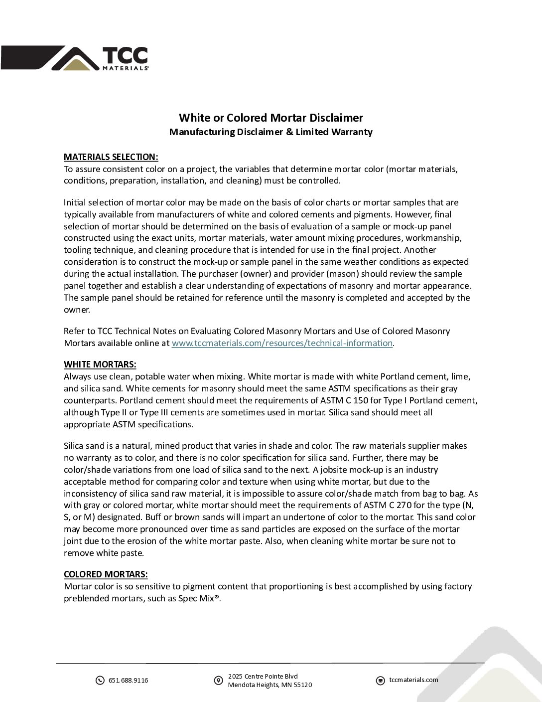 White and Colored Mortars Disclaimer