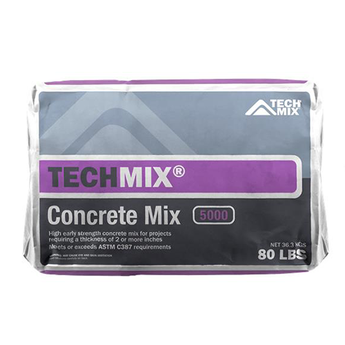 Bag of TechMix Concrete Mix 5000 with purple-gray packaging, labeled 'TechMix Concrete Mix 5000', 80 lb (36.3 kg).