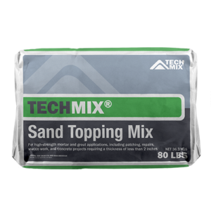 Bag of TechMix Sand Topping Mix in green/gray packaging, 80 lb, for high-strength mortar and grout applications