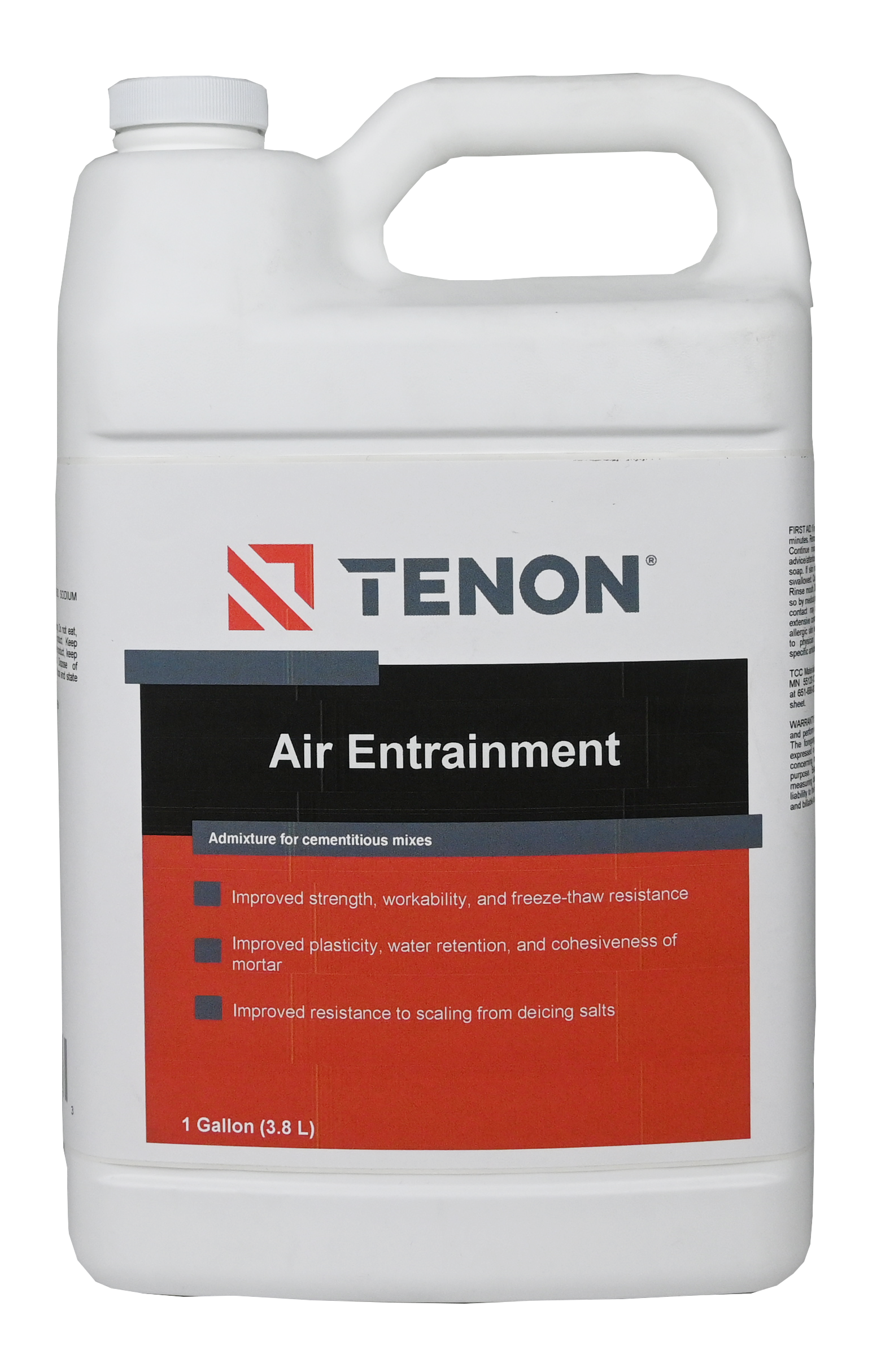 White 1-gallon plastic jug labeled Tenon Air Entrainment, an admixture for cementitious mixes, with a red/black label and handle.