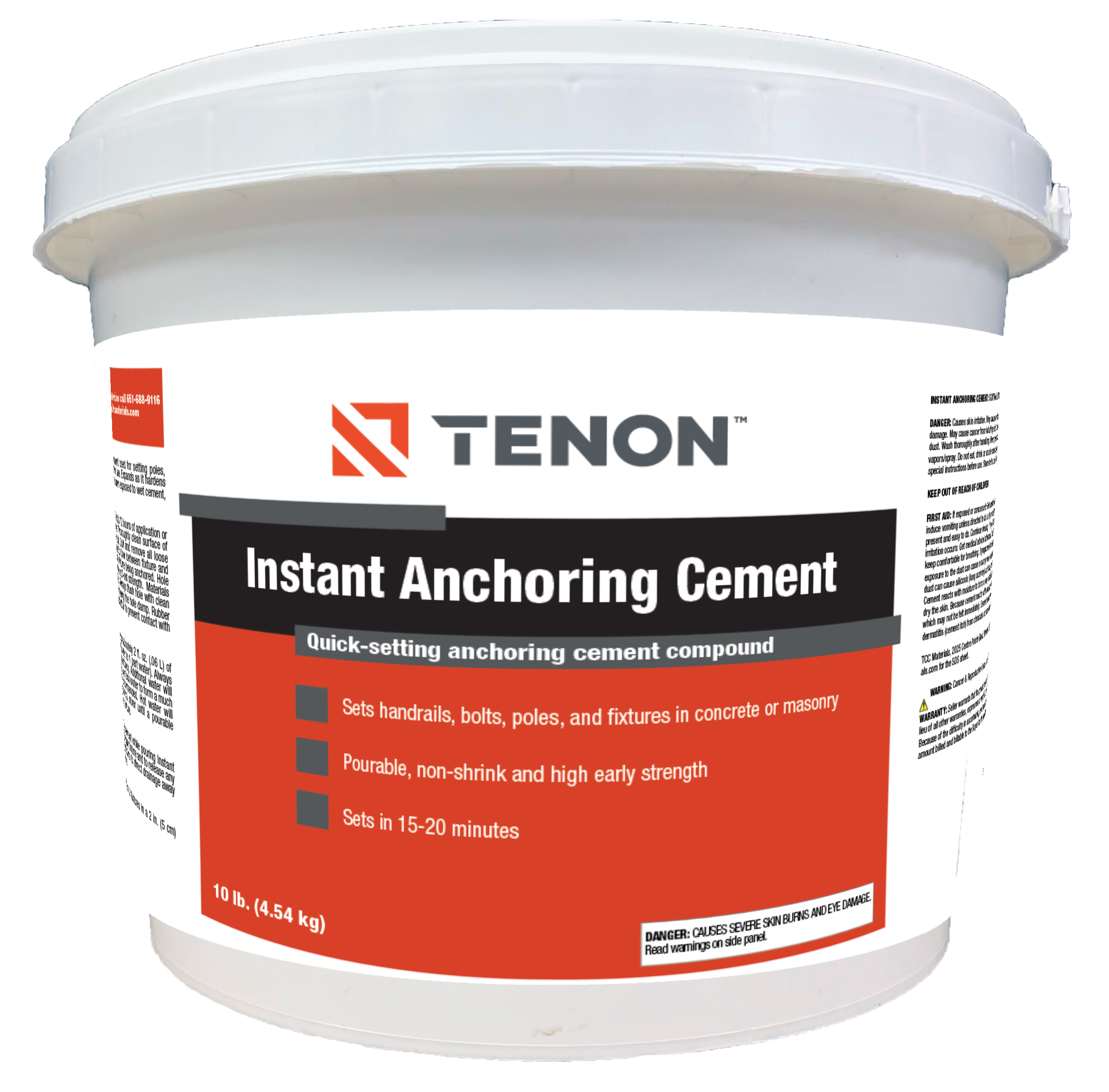 White plastic bucket of Tenon Instant Anchoring Cement with a red label visible on the front.