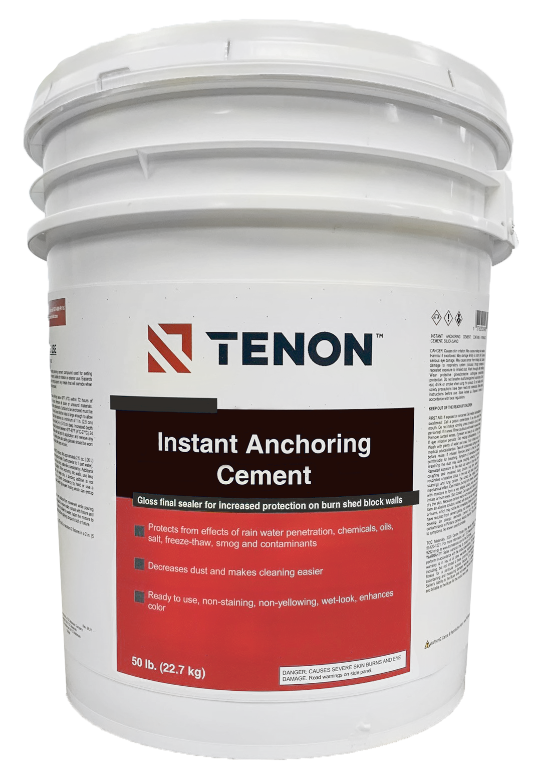 White plastic bucket of Tenon Instant Anchoring Cement with a red label and 50 lb capacity, shown from the side.