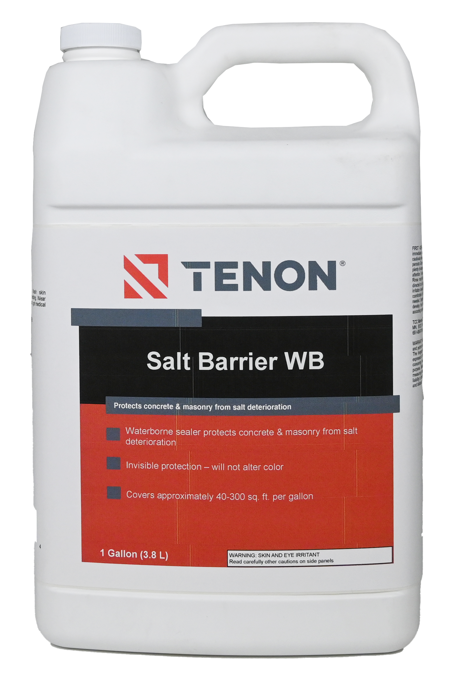 White plastic 1-gallon container with a handle, labeled Tenon Salt Barrier WB in bold black text on an orange label (concrete sealer).