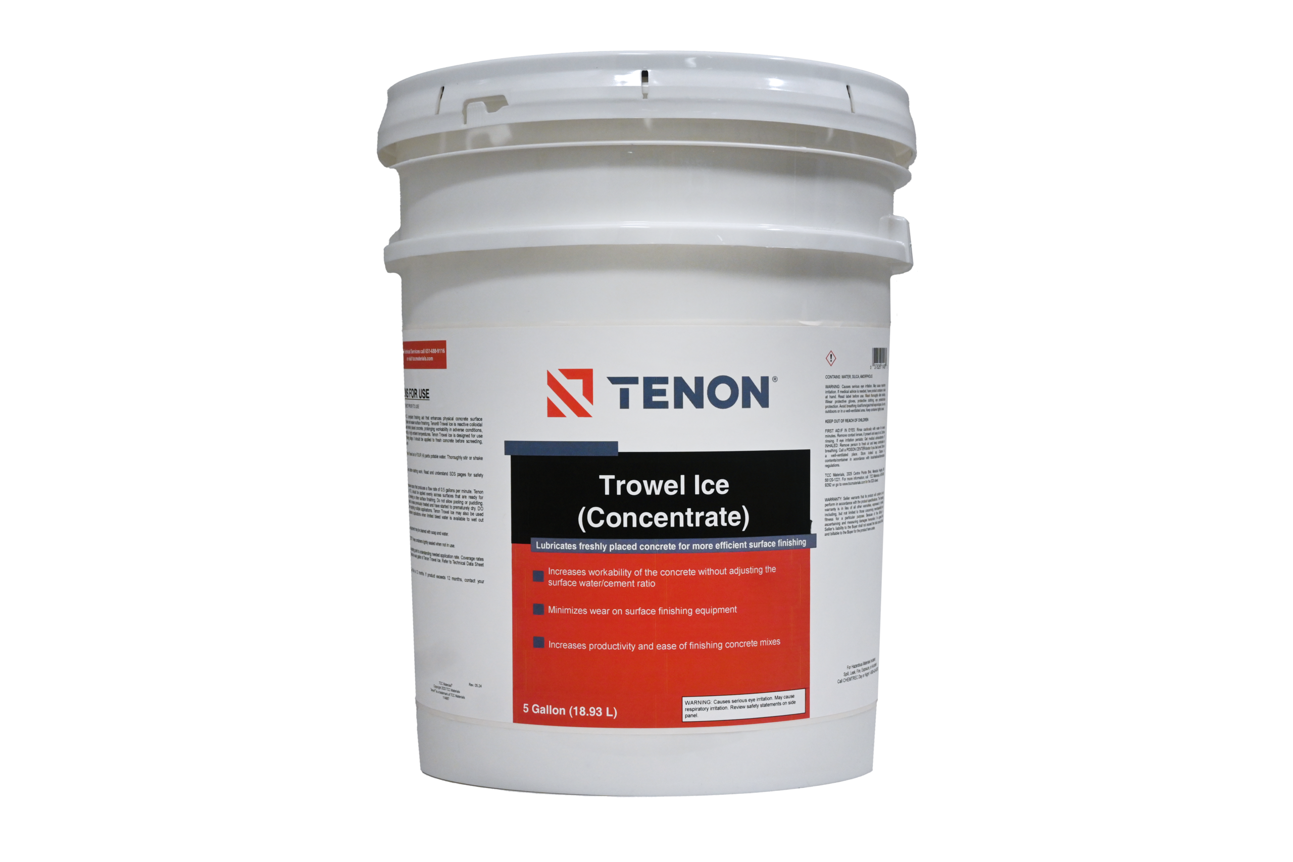 White 5-gallon bucket with lid and a red label showing the Tenon logo and product name (Trowel Ice Concentrate).