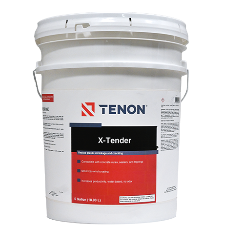 White 5-gallon bucket of Tenon X-Tender sealant with red label and blue Tenon logo.