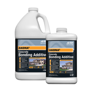 Two Akona Concrete Bonding Additive jugs (1 gal and 1 qt) with blue–orange labels on white background.