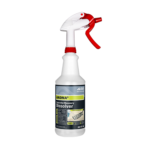 White spray bottle with red trigger labeled AKONA concrete/masonry dissolver, 28 fl oz, for cleaning concrete residues.