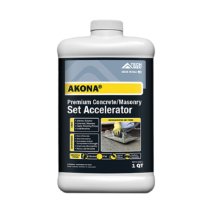 1 qt bottle of AKONA Premium Concrete/Masonry Set Accelerator, with yellow AKONA label and an image of a trowel on the label.