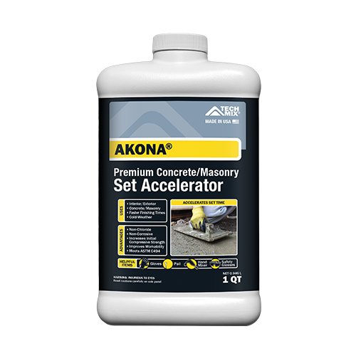 1 qt bottle of AKONA Premium Concrete/Masonry Set Accelerator, with yellow AKONA label and an image of a trowel on the label.