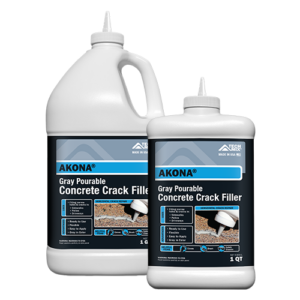 Two white Akona Gray Pourable Concrete Crack Filler bottles (1 gal and 1 qt) with blue labels on a white background, ready for use in concrete repair.