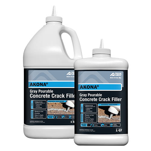 Two white Akona Gray Pourable Concrete Crack Filler bottles (1 gal and 1 qt) with blue labels on a white background, ready for use in concrete repair.