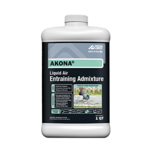 White plastic bottle labeled Akona Liquid Air Entraining Admixture, 1 QT, with TechMix branding on the label
