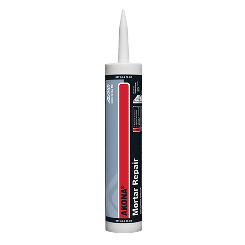 Tube of Akona Mortar Repair sealant with a white nozzle; black and red label shows 'Mortar Repair' and brand name.