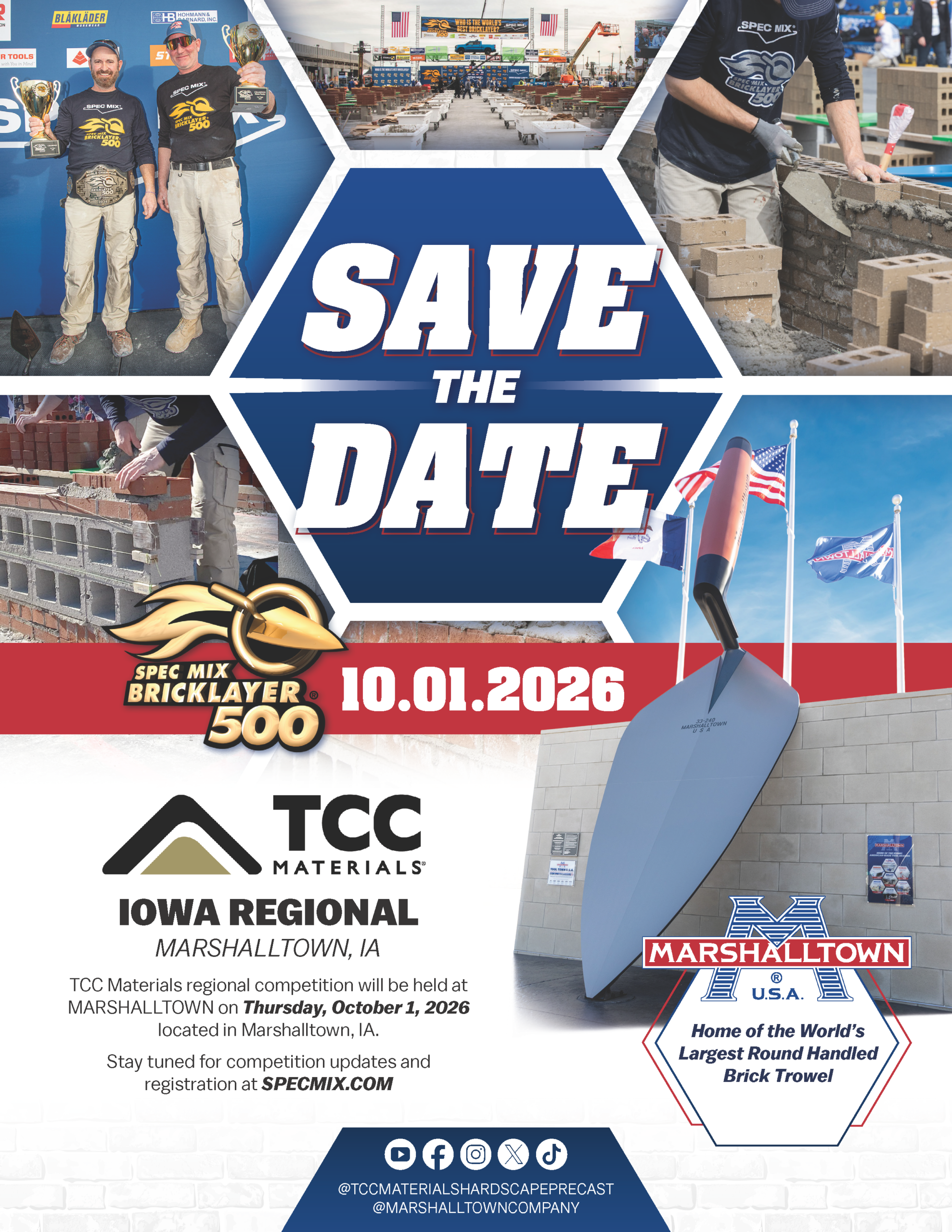 Promotional poster collage for Spec Mix Bricklayer 500 with 'SAVE THE DATE' and the date October 1, 2026, featuring bricklayers, bricks, logos, and flags (Marshalltown, IA).