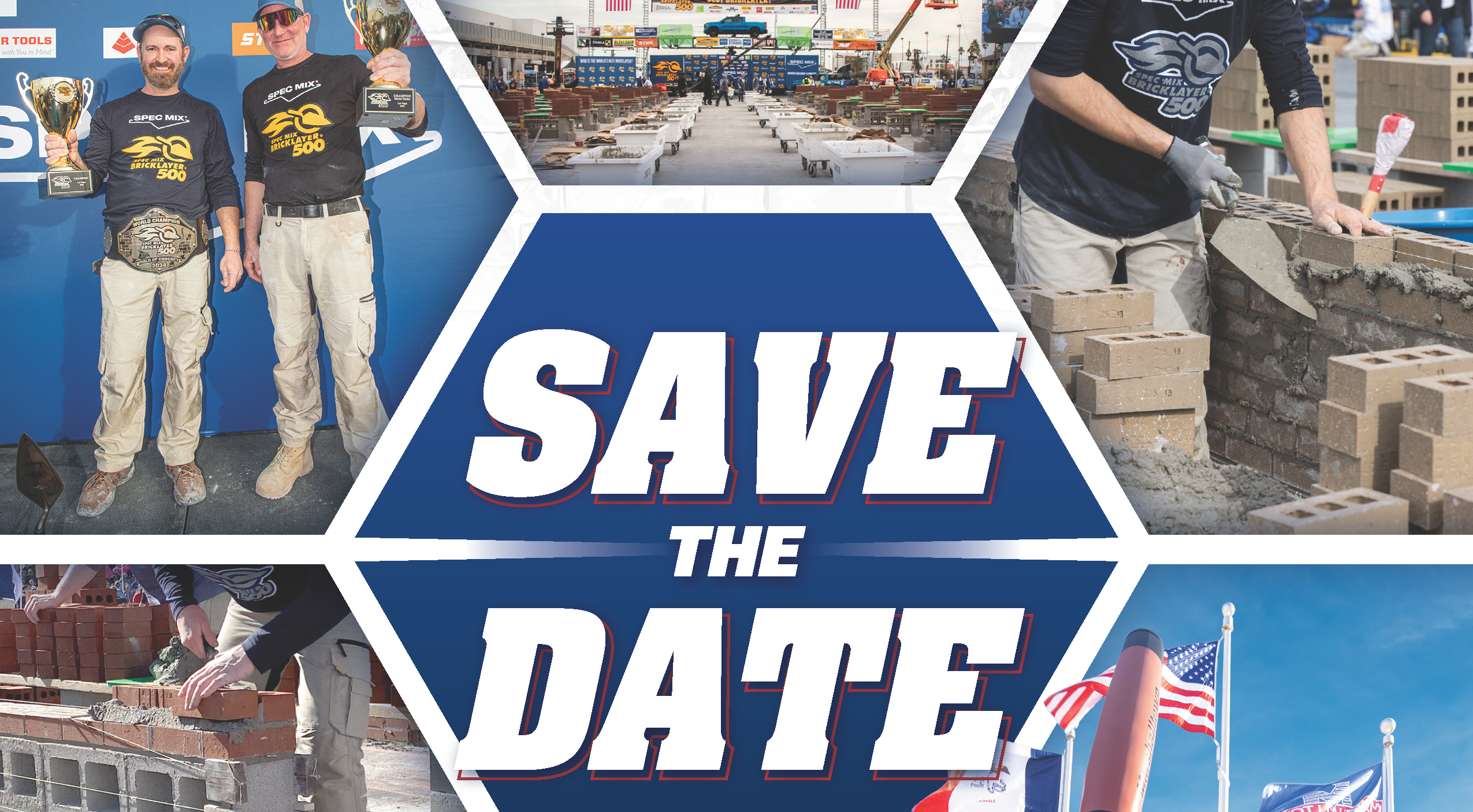 Promotional bricklaying event banner showing trophy winners, a brickwork construction scene, and bold 'SAVE THE DATE' text.