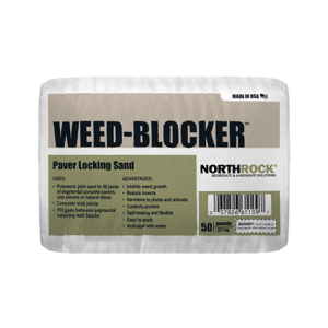 Bag of Weed-Blocker Paver Locking Sand by Northrock, used to fill joints between pavers and prevent weeds (50 lb).