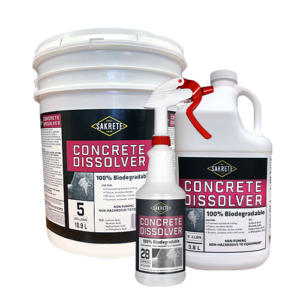 Assorted Sakrete Concrete Dissolver containers in different sizes (bucket, spray bottle, small bottle, and jug) for dissolving concrete.