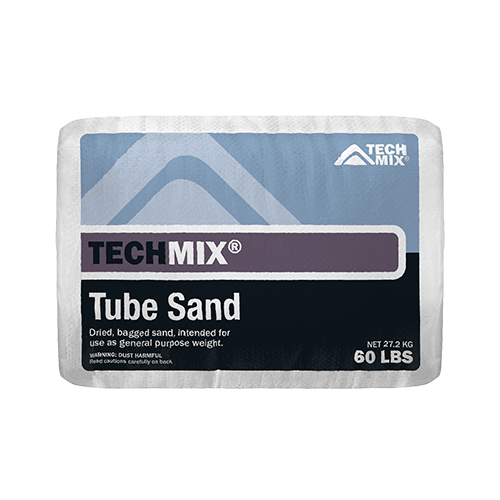 Bag of TECHMIX Tube Sand with blue and purple label, says 'Tube Sand' and weighs 60 lbs (27.2 kg).