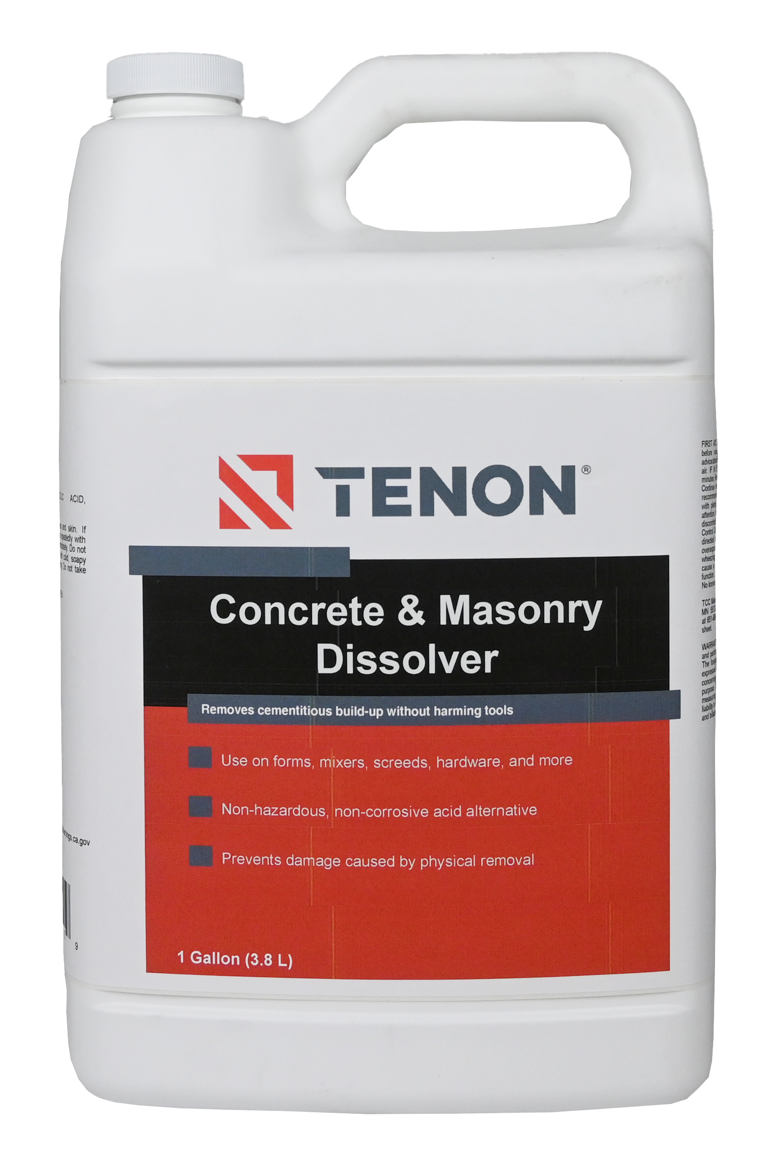 White plastic gallon container labeled Tenon Concrete & Masonry Dissolver, with a built‑in handle and screw cap