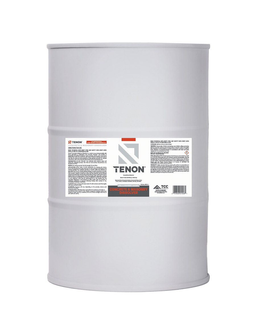 White plastic 55-gallon drum labeled Tenon Concrete & Masonry Dissolver on a plain white background