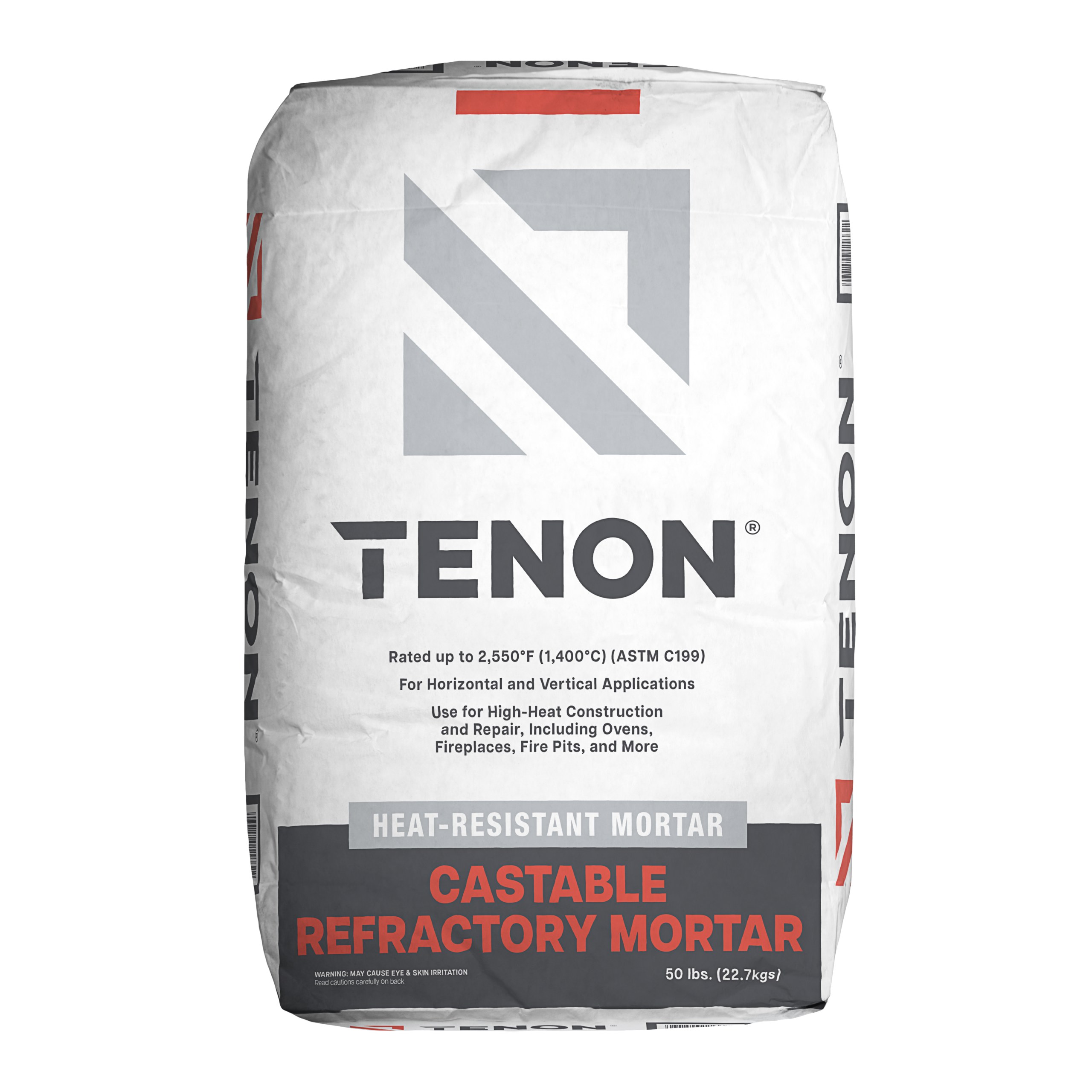 Bag of heat-resistant mortar with gray logo and redCASTABLE REFRAC TORY MORTAR text on gray/dark label