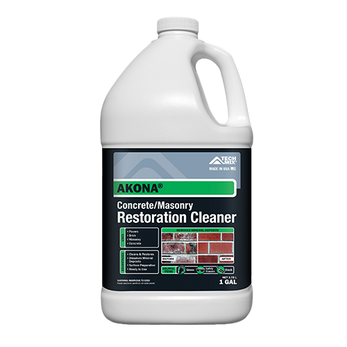 One-gallon white plastic bottle of Akona Concrete/Masonry Restoration Cleaner with a green label.