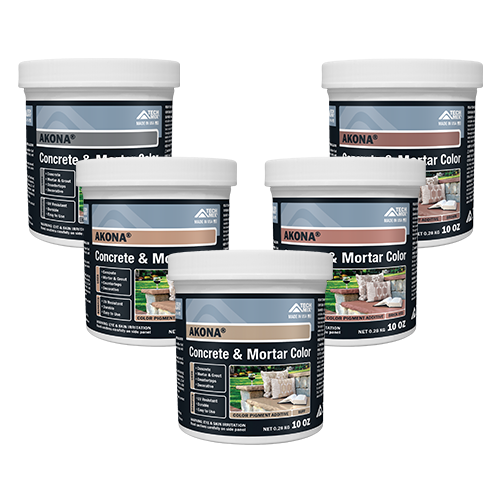 Five white-lidded containers labeled Akona Concrete & Mortar Color arranged in a cluster.