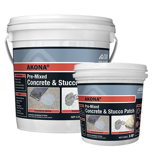 Two AKONA Pre-Mixed Concrete & Stucco Patch buckets (large and small) with blue labels, showing the ready-to-use patch product name on the front.