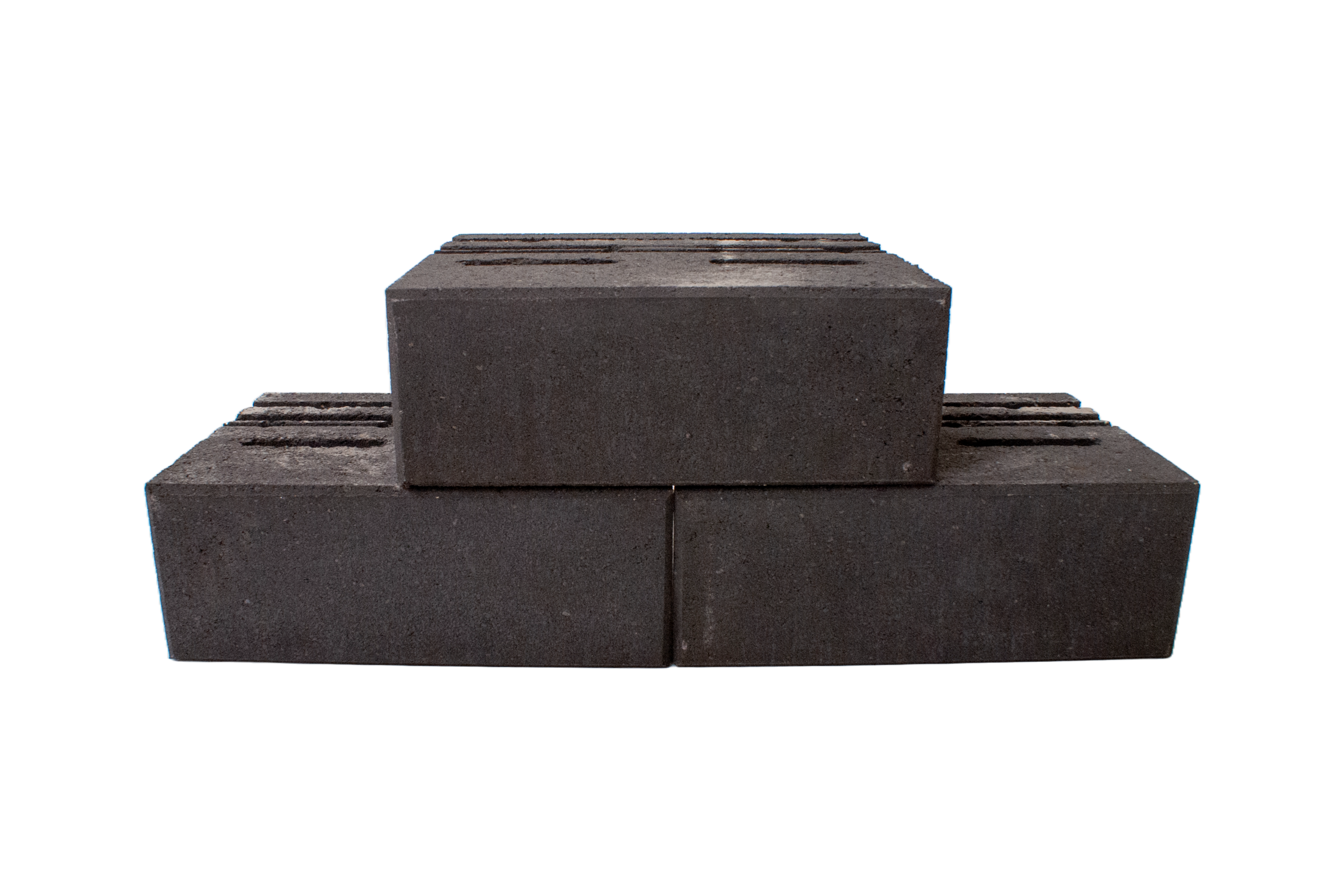 Stack of dark brown concrete bricks arranged in a stepped pyramid, viewed from the front.