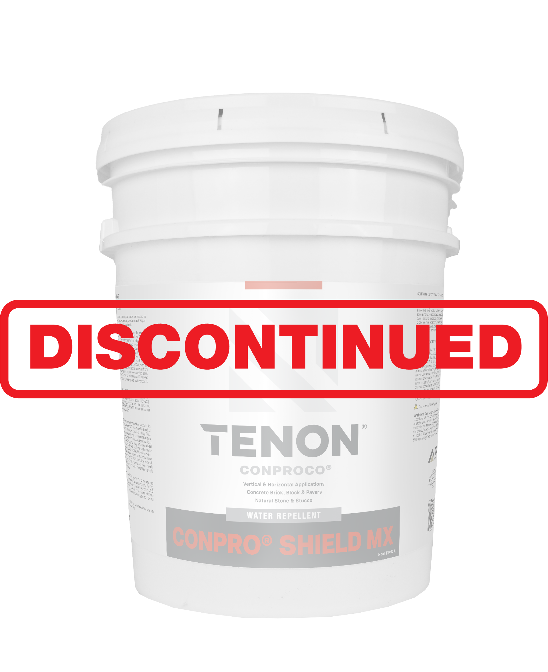 White plastic bucket with a bold red 'DISCONTINUED' stamp across the label.