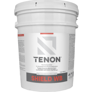 White 5-gallon bucket labeled Tenon Shield WB water-repellent sealant with red accent on the labels