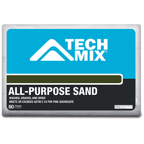 Bag of Tech Mix All-Purpose Sand with a blue label and bold white text; green and black stripe across the front (60 lb)