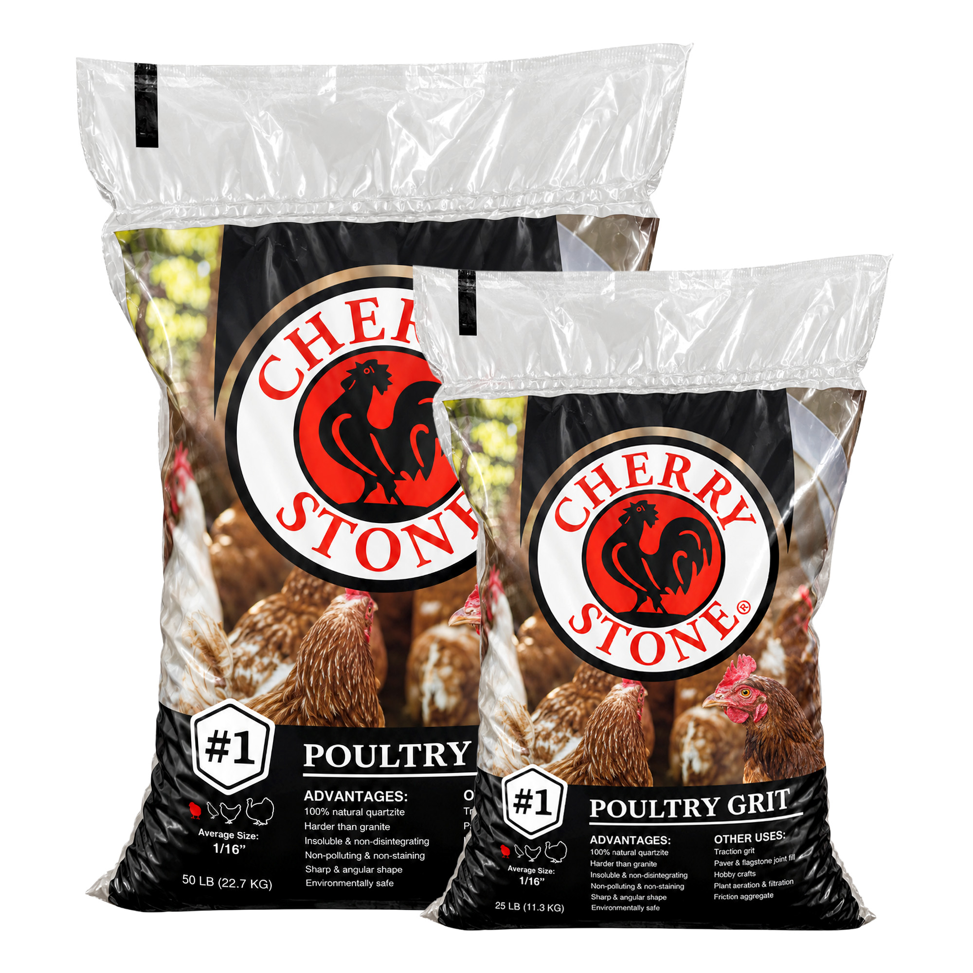 Bag of Cherry Stone poultry grit feed with a red rooster logo; includes '#1 Poultry Grit' text on black packaging.